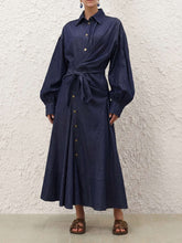 Luzie Waist Tie Denim Maxi Dress - navy