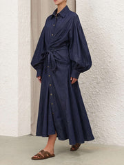 Luzie Waist Tie Denim Maxi Dress - navy