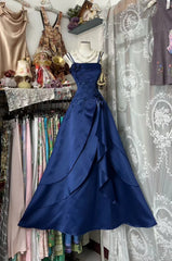 Vintage Ball Gown Spaghetti Straps Navy Blue Satin 80s Sleeveless Party Gowns Long Prom Dresses N1941