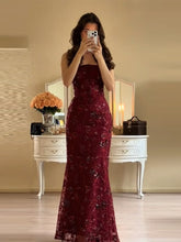 Elegant Red Shiny Sequin Maxi Sling Dress Chic Flower Sleeveless Lace-up Square Neck Bodycon Vestido N1792
