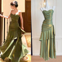 Vintage Spaghetti Straps Blue Chiffon Satin Ruffles Long Prom Dresses Fairytale Evening Dresses N1798