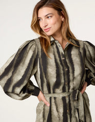 Printed Puff Sleeve Button Through Midi Dress