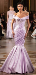 Elegant Mermaid Off The Shoulder Lilac With Short Sleeves Satin Formal Dress 18th Birthday Prom Dresses N2814