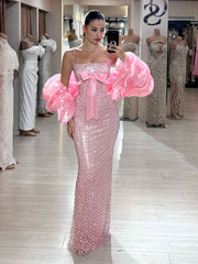 Shimmering Sheath Spaghetti Straps Pink Sequin Formal Dress Long Prom Dresses N2818