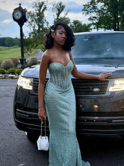 Classy Mermaid Sweetheart Mint Green Sequin Long Sleeveless Formal For Women Girls Teens Prom Dresses N2304
