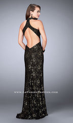 La Femme Lace Open Back Prom Dress
