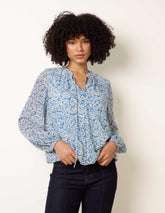 Grandad Tie Neck Puff Hem Watercolour Blouse