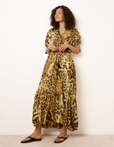 Animal Print Cross Over Channel Sleeve Kimono Maxi Dress