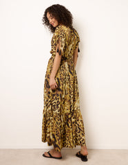 Animal Print Cross Over Channel Sleeve Kimono Maxi Dress