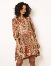 Puff Sleeve Metallic Animal Print Puff Sleeve Tunic Dress