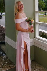 Pink Off-Shoulder Satin Pleats High Slit Long Party Prom Dress Graduation Dress N1619