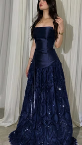 Elegant Straps Sheath Midnight Blue Long Prom Dresses Satin Midnight Blue Evening Gown N1863