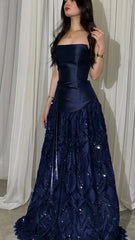 Elegant Straps Sheath Midnight Blue Long Prom Dresses Satin Midnight Blue Evening Gown N1863