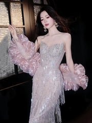 Glittery Sheath Strapless With Tassels Beads Sleeveless Pink Prom Dresses Inspiration Long Night Outfits Birthday Outfits AB2214