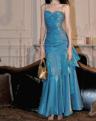 Vintage Spaghetti Straps Blue Chiffon Satin Ruffles Long Prom Dresses Fairytale Evening Dresses N1798