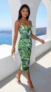 Costa Aluna Mesh Tropical Print Midi Dress - Green