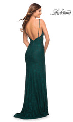 La Femme Beaded-Lace V-Neck Long Prom Dress