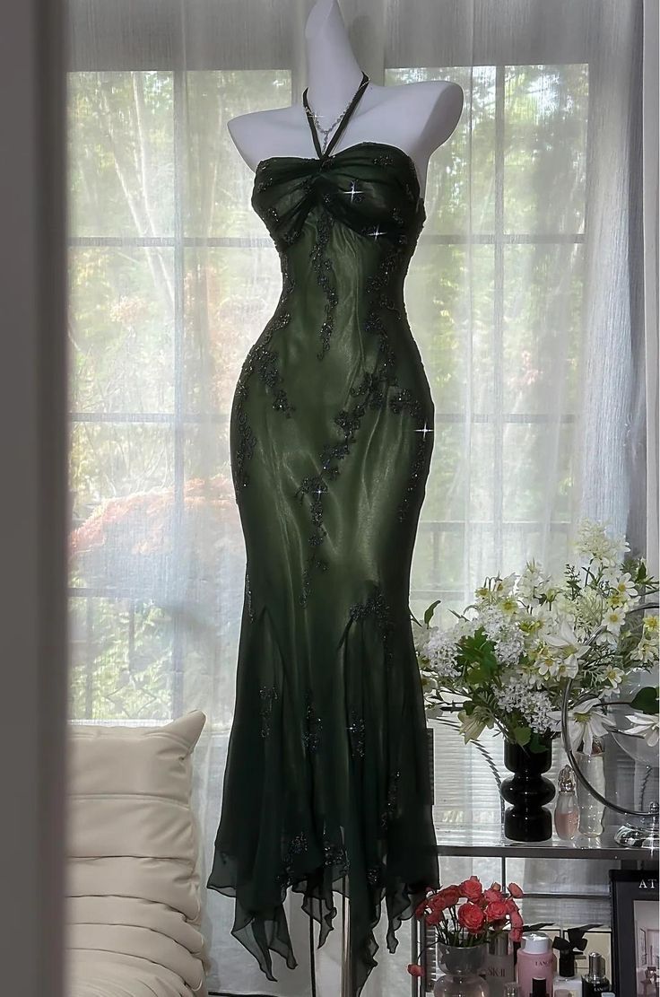 Modest Mermaid Halter Dark Green Chiffon Prom Dresses Party Dress 20th Birthday Outfits Graduation Dress N1616