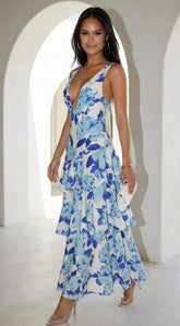 Aurelisse Floral Ruffled Maxi Dress - Floral Blue
