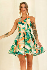 Eden Bloom Halter Woven Mini Dress - Green Multi