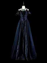 Vintage A line Spaghetti Straps Navy Blue Tulle 80s Evening Gowns Formal Birthday Dress Long Prom Dresses N1754