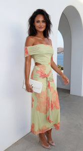 Petaluxe Off Shoulder Floral Print Maxi Dress - Light Green Multi