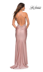 La Femme Long Jersey Prom Dress with Beaded Lace