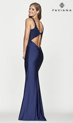 Low V-Neck Navy Blue Long Prom Dress by Faviana