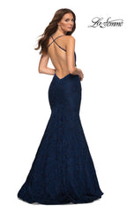 La Femme Sheer-Bodice Long Lace Mermaid Prom Dress