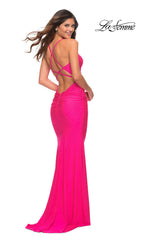 Neon Pink Long La Femme Rhinestone Prom Dress