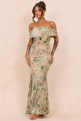 Serina Flocked Mesh Maxi Dress - Olive