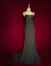 Simple Prom Dresses Mermaid Spaghetti Strap Black Tie Floor Length Chiffon Formal Evening Dress N3695