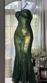Sparkly Prom Dresses Mermaid Halter Green With Beaded Long Evening Outfits N3543