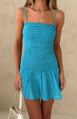 Too Much Fun Shirred Mini Dress Blue/White Check