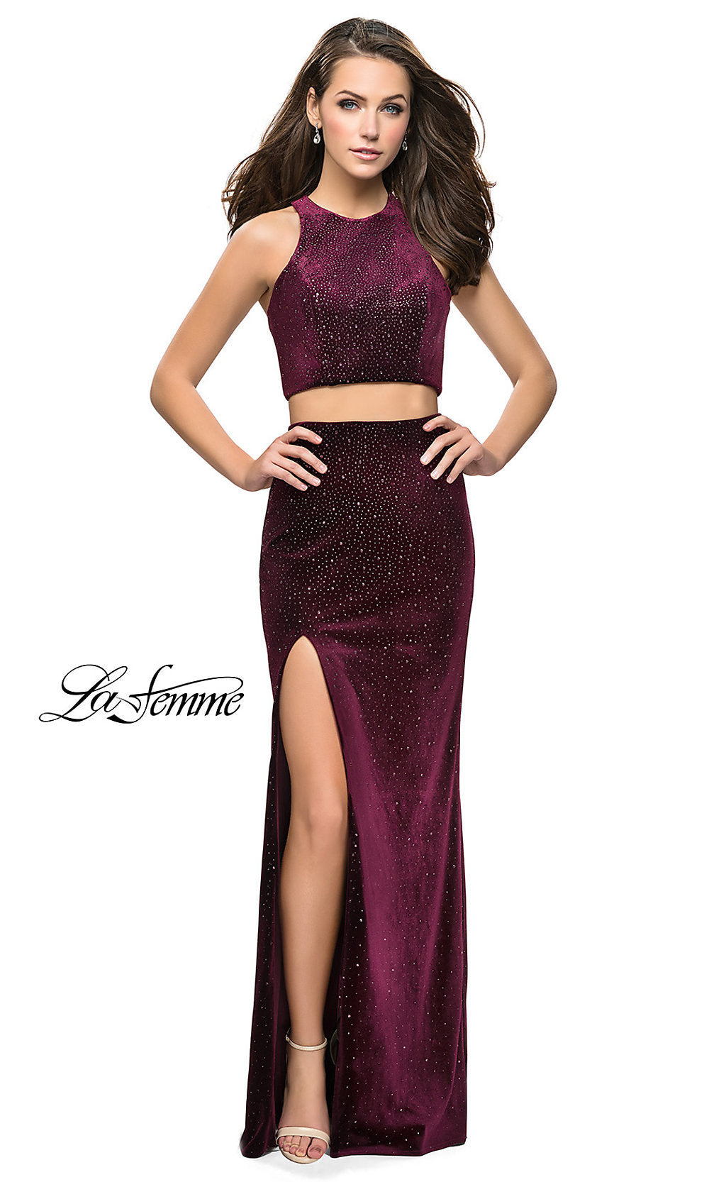 Open-Back Two-Piece Beaded Velvet Prom Dress