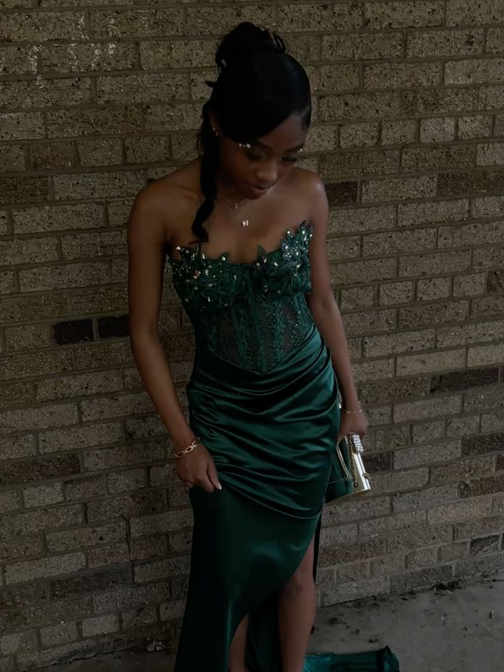 Classy Prom Dresses Impress Outfit Mermaid Strapless Dark Green Slit Long Semi Formal Party Dress For Teens High Schools AB1968