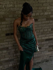 Classy Prom Dresses Impress Outfit Mermaid Strapless Dark Green Slit Long Semi Formal Party Dress For Teens High Schools AB1968