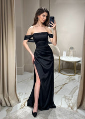 Classy Mermaid Off The Shoulder Black Slit Prom Dresses Party Dress Long Evening Dresses AB2140