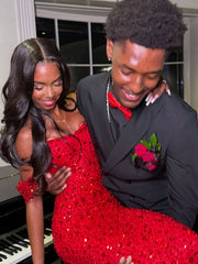 Glitter Mermaid Off The Shoulder Red Sequins Long Formal Fancy Prom Evening Dress Dinner Outfits Classy Party Gowns For Black Girls AB2086