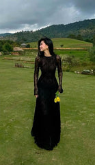 Women's Cocktail Party Gowns Mermaid Scoop Black Lace Long Graduation Dinner Outfits Prom Dresses AB1892
