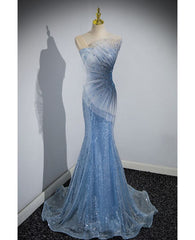 Stylish Mermaid Strapless Sequin Blue Scalloped Prom Dress AB1831