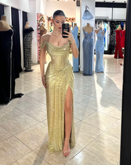 Modest Senior Prom Dresses High Schools Inspiration Mermaid Off The Shoulder Sequin Gold With Slit Semi Formal Grad Long Prom Dress For Teens AB2118