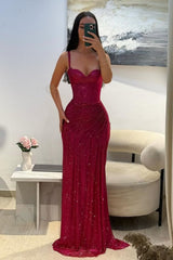 Glitter Bodycon Prom Dress with Sweetheart Neck Spaghetti Straps Ruched Side Slit For Teens High Schools AB1989