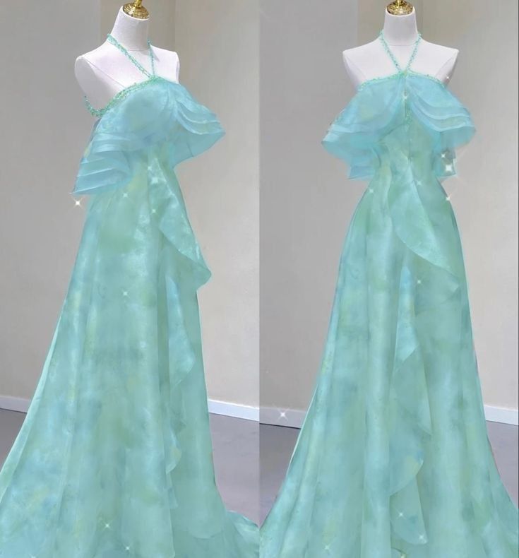 Classy A line Halter Green With Beading Ruffles Sleeveless Long Formal Dress Gown Prom Dresses N2540