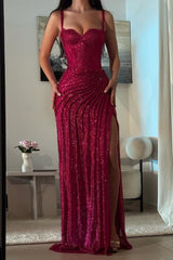 Glitter Bodycon Prom Dress with Sweetheart Neck Spaghetti Straps Ruched Side Slit For Teens High Schools AB1989