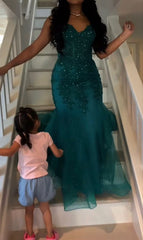 Dark Green Mermaid Tulle Lace Prom Dress Winter Gown Semi Formal Grad Long Prom Dress For Teens AB1994