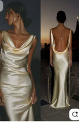 Cheap Mermaid V Neck Yellow Silky Satin Long Formal Fancy Prom Evening Dress Dinner Outfits Classy Party Gowns AB2027
