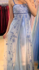 Vintage Spaghetti Strap A line Wedding Guest Dresses Tulle Blue Prom Formal Dresses AB1847