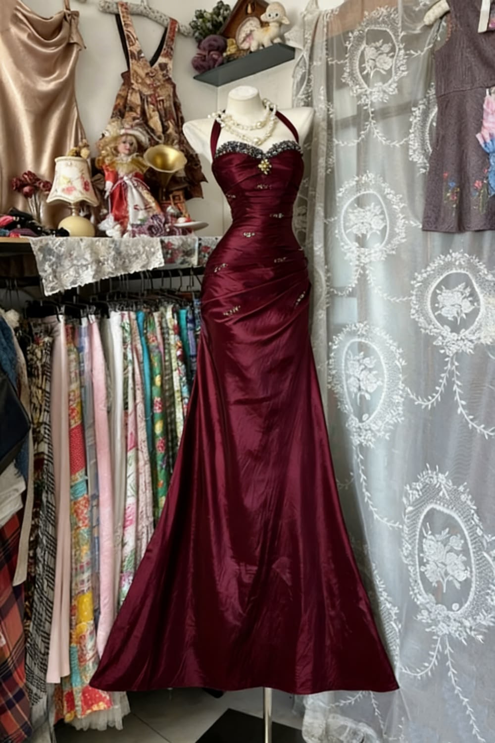 Modest Mermaid Halter Burgundy Satin Long Prom Dresses Graduation Dance Evening Outfits N529