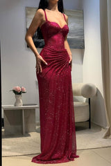 Glitter Bodycon Prom Dress with Sweetheart Neck Spaghetti Straps Ruched Side Slit For Teens High Schools AB1989